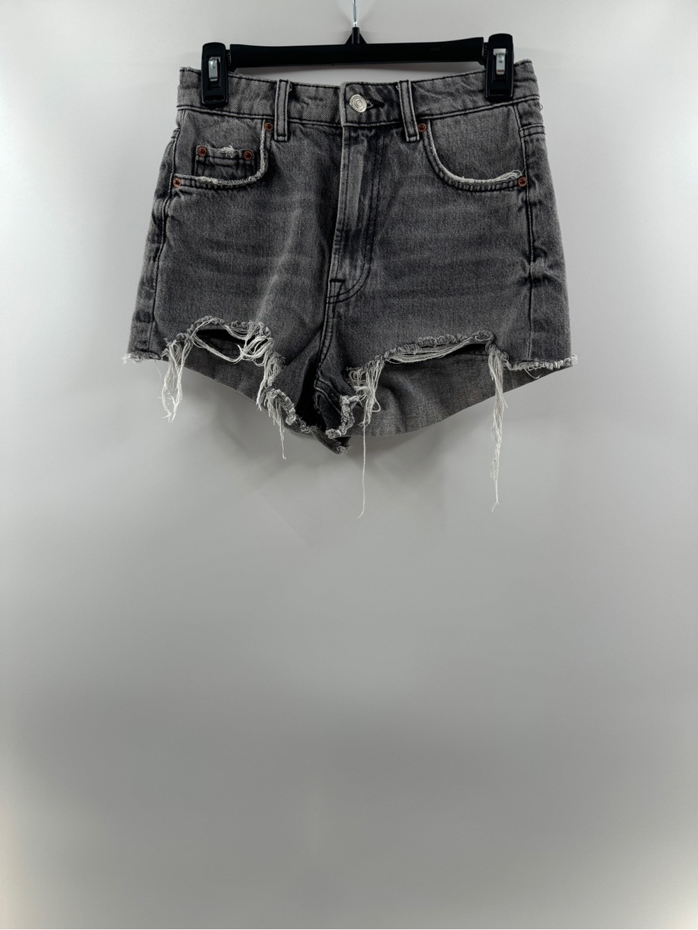 Zara The High Waist Denim Shorts Women's Size 2 Charcoal Grey Distressed